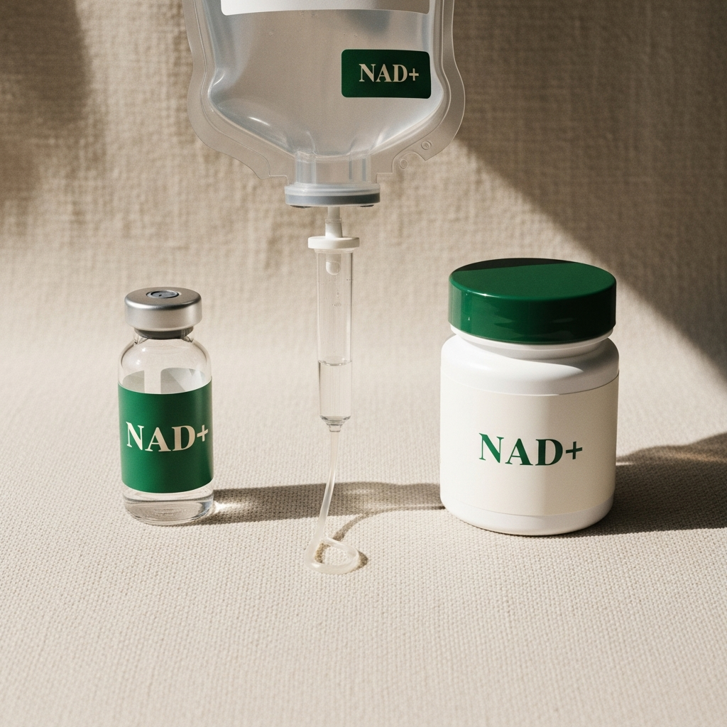 NAD+ delivery formats: vial, IV bag, and supplement bottle