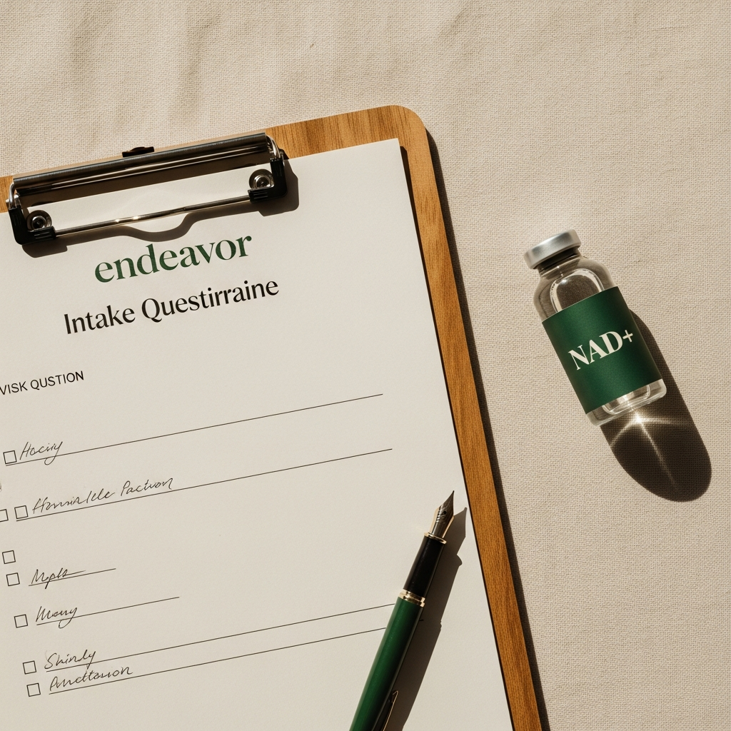 Endeavor intake questionnaire on clipboard with NAD+ vial