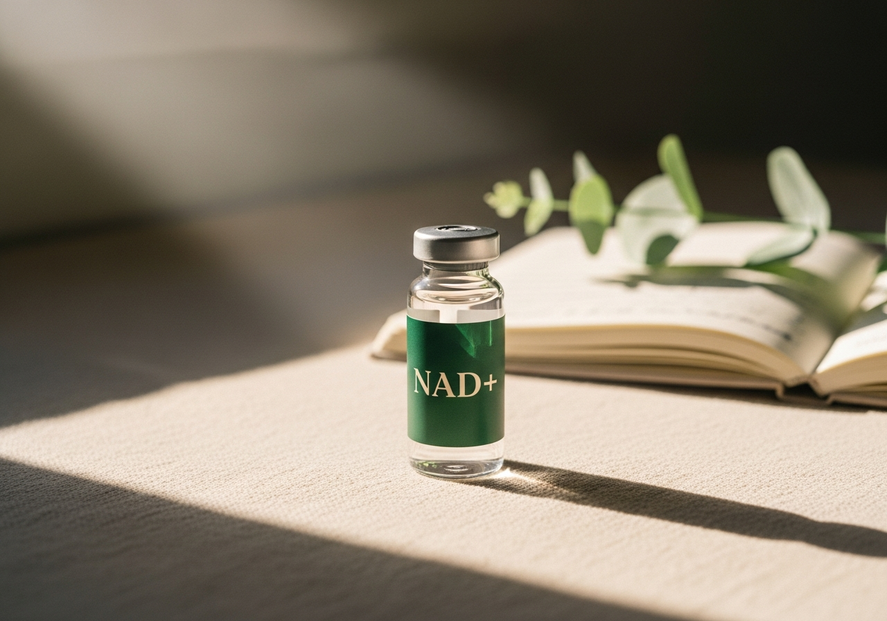 Endeavor NAD+ vial on warm cream linen with eucalyptus and notebook