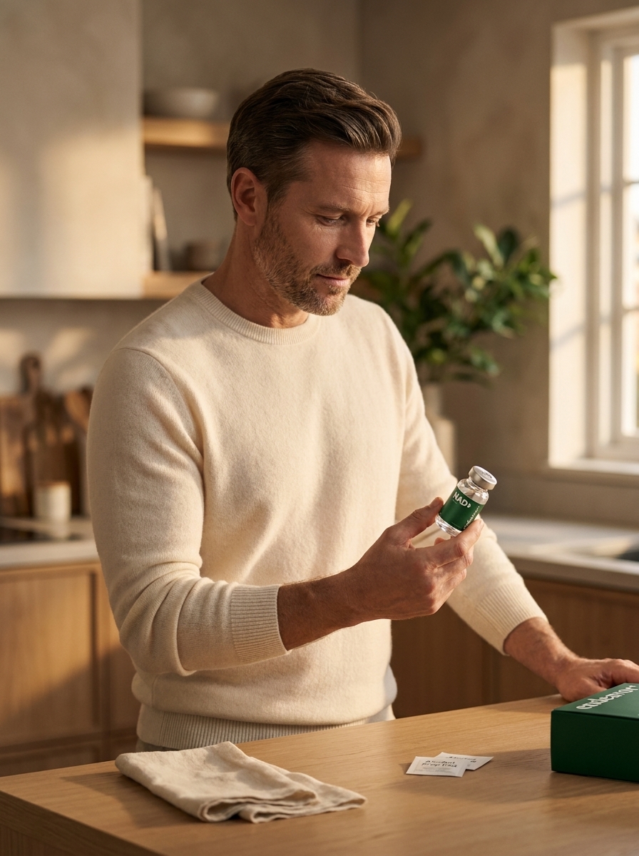 Endeavor patient at home holding the NAD+ injectable vial, about to begin the weekly protocol