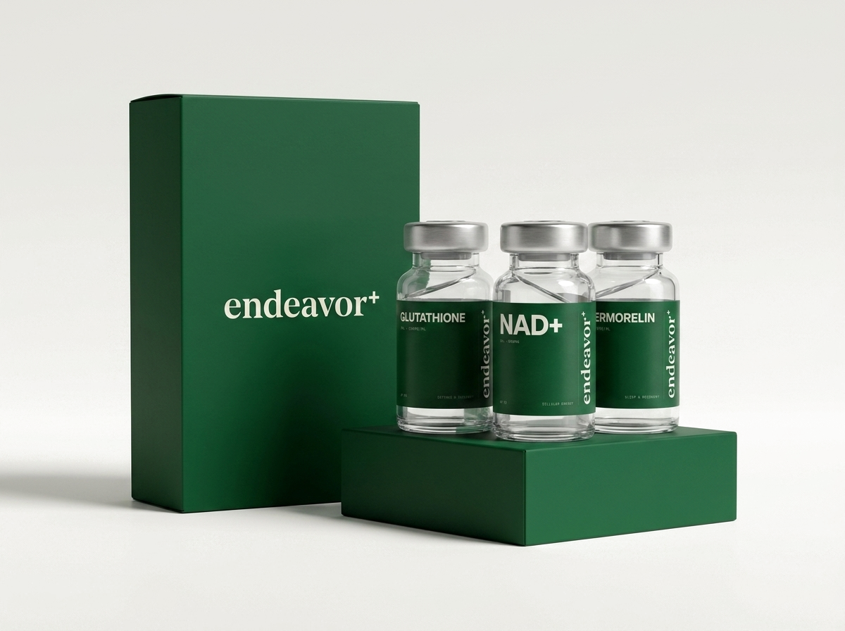 Endeavor product family — racing green packaging with NAD+, Glutathione, and Sermorelin vials